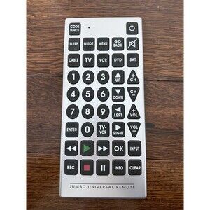 Jumbo Universal TV Remote Control Large Buttons 11”x5”x3/4” Tested